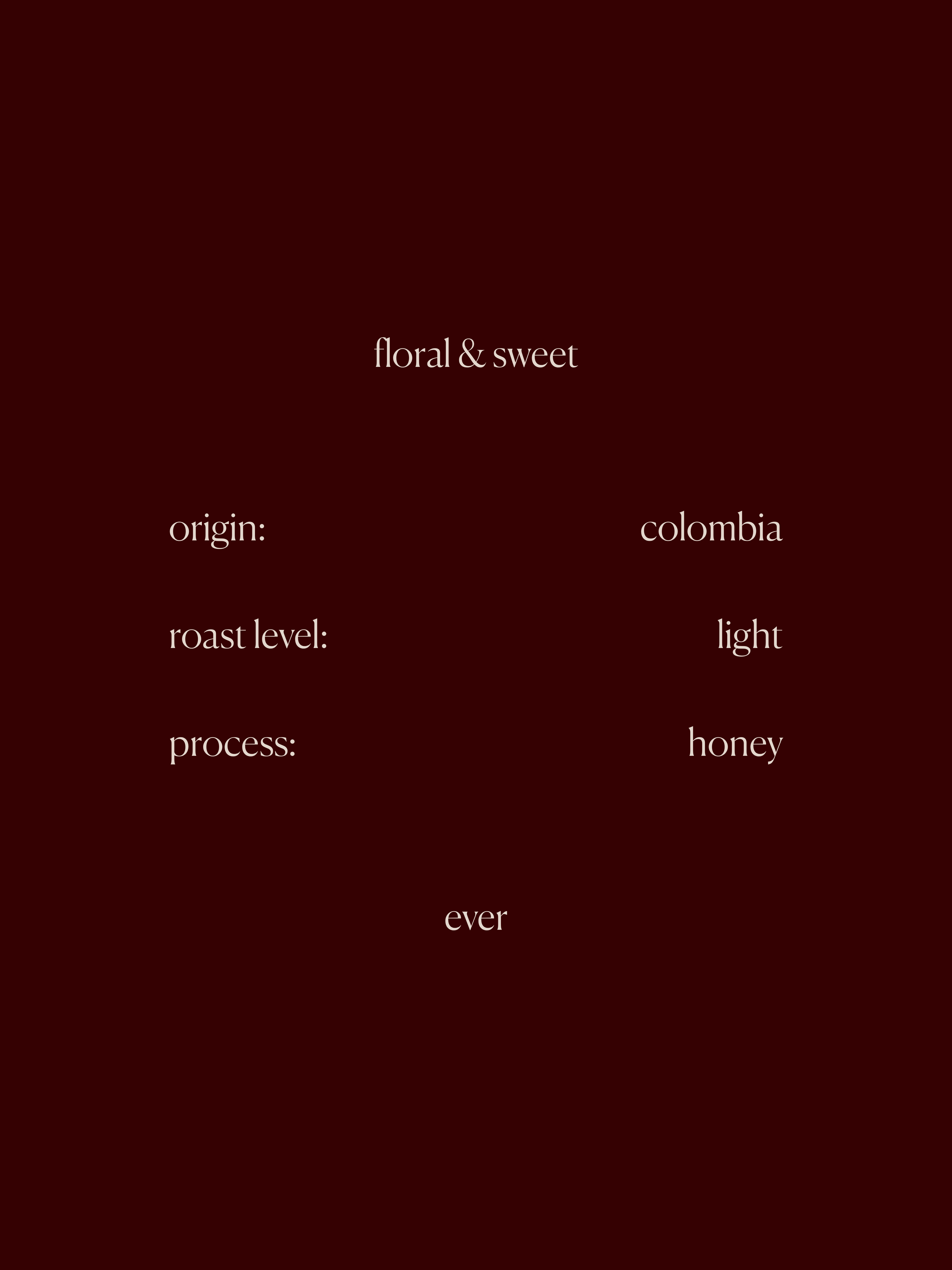 Text on a dark background describing coffee details like origin, roast level, and process.