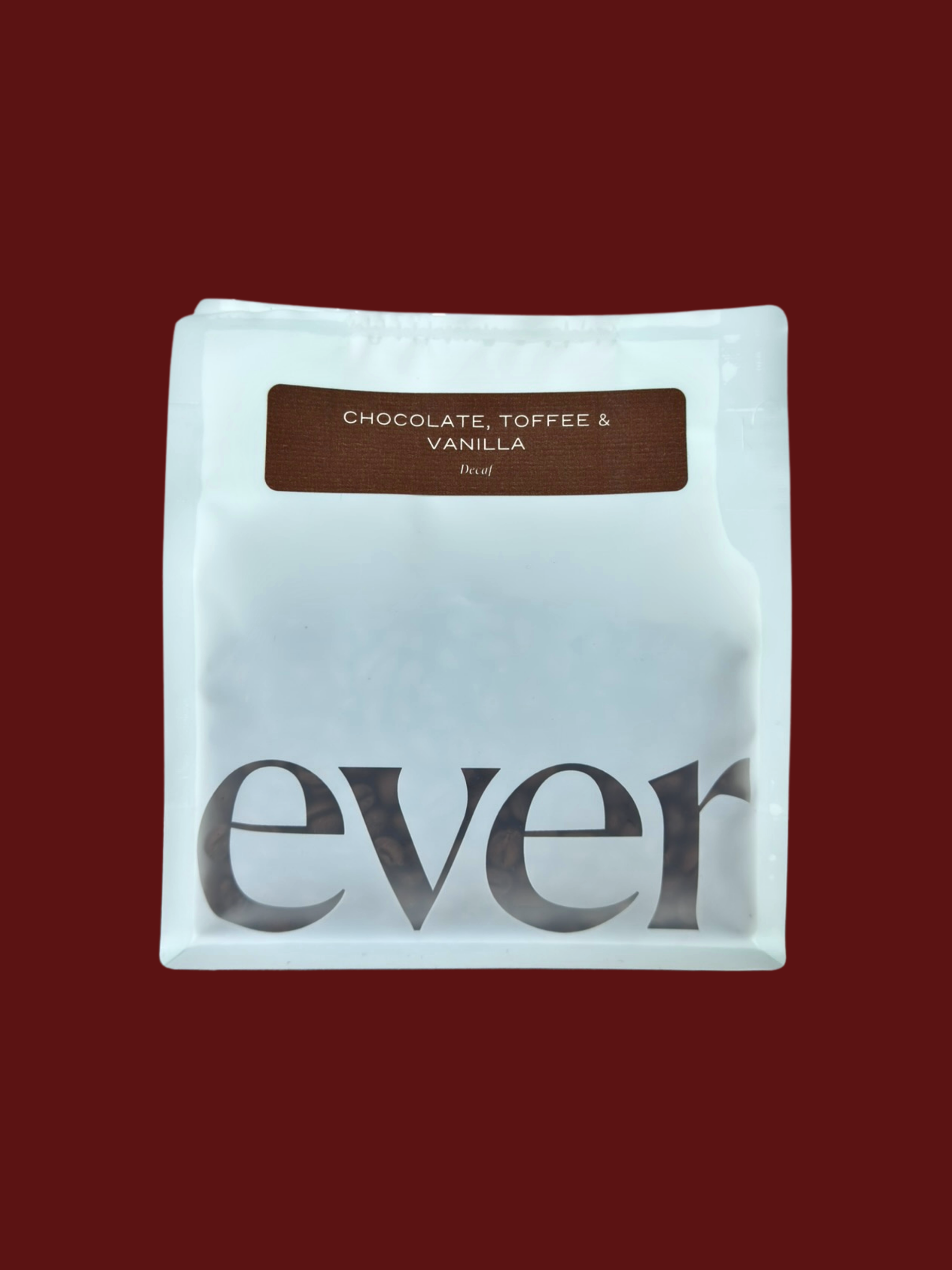 White pouch with 'ever' branding and a chocolate toffee vanilla flavor label on a red background